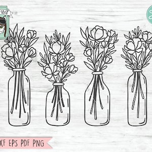 May include: Four black and white line drawings of flower bouquets in glass vases. Each vase has a rounded bottom and a straight neck. The flowers are simple and stylized.