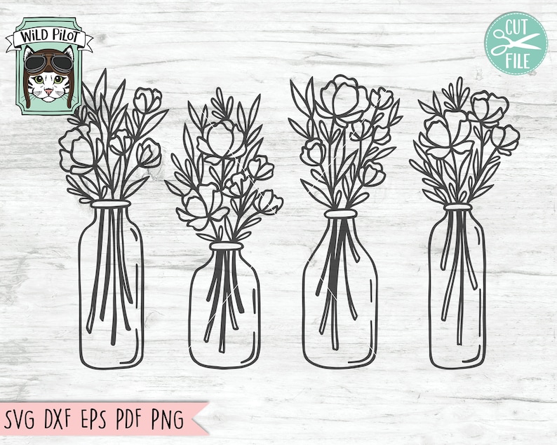 May include: Four black and white line drawings of flower bouquets in glass vases. Each vase has a rounded bottom and a straight neck. The flowers are simple and stylized.