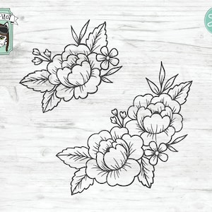 May include: Two black and white line art floral arrangements with large flowers and leaves. The flowers are stylized and have a vintage look.