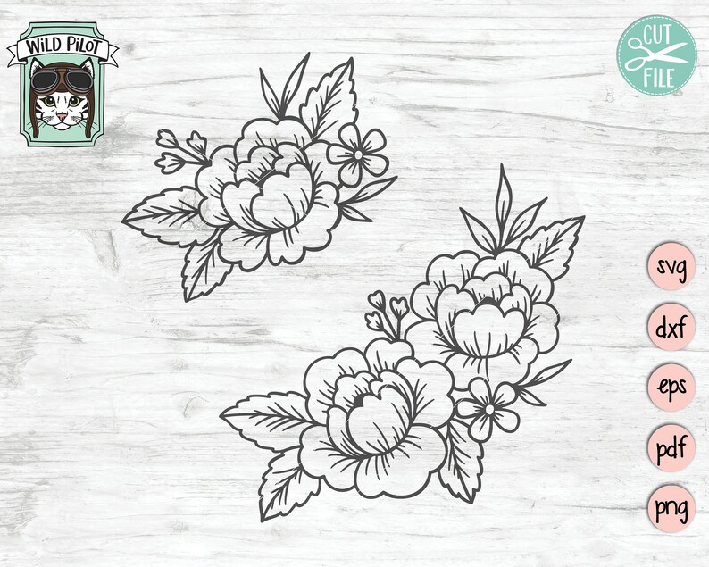May include: Two black and white line art floral arrangements with large flowers and leaves. The flowers are stylized and have a vintage look.