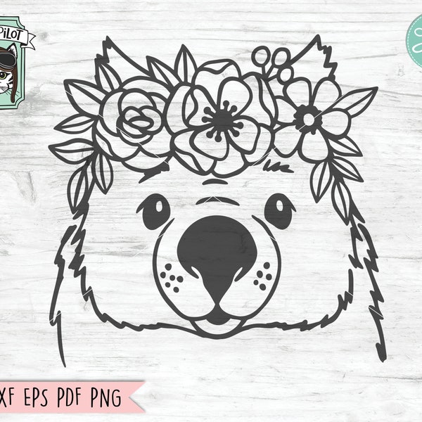 Wombat SVG file, Wombat with Flower Crown SVG, Wombat cut file, Animal Face, Floral Crown, Wombat with Flowers on Head, Australia svg file