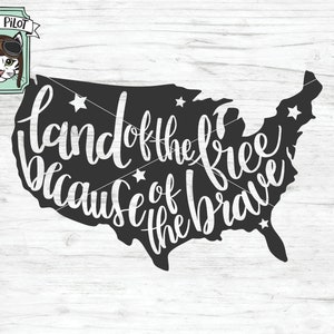 May include: A black and white silhouette of the United States of America with the text "Land of the free because of the brave" written inside the outline. The image is on a woodgrain background.
