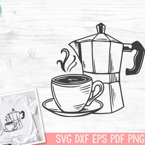 May include: Black and white line art illustration of a coffee pot pouring coffee into a cup. The coffee pot is a traditional Italian Moka pot. The cup has steam rising from it. The image is suitable for use as a digital download for crafting projects.