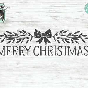 May include: A black and white design of a bow with leaves on either side and the text "Merry Christmas" below.