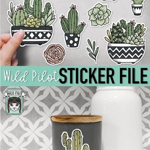 May include: A set of 12 digital stickers featuring various cacti and succulents in black and white pots with geometric patterns. The stickers are in a cartoon style and are perfect for adding a touch of greenery to your digital projects.