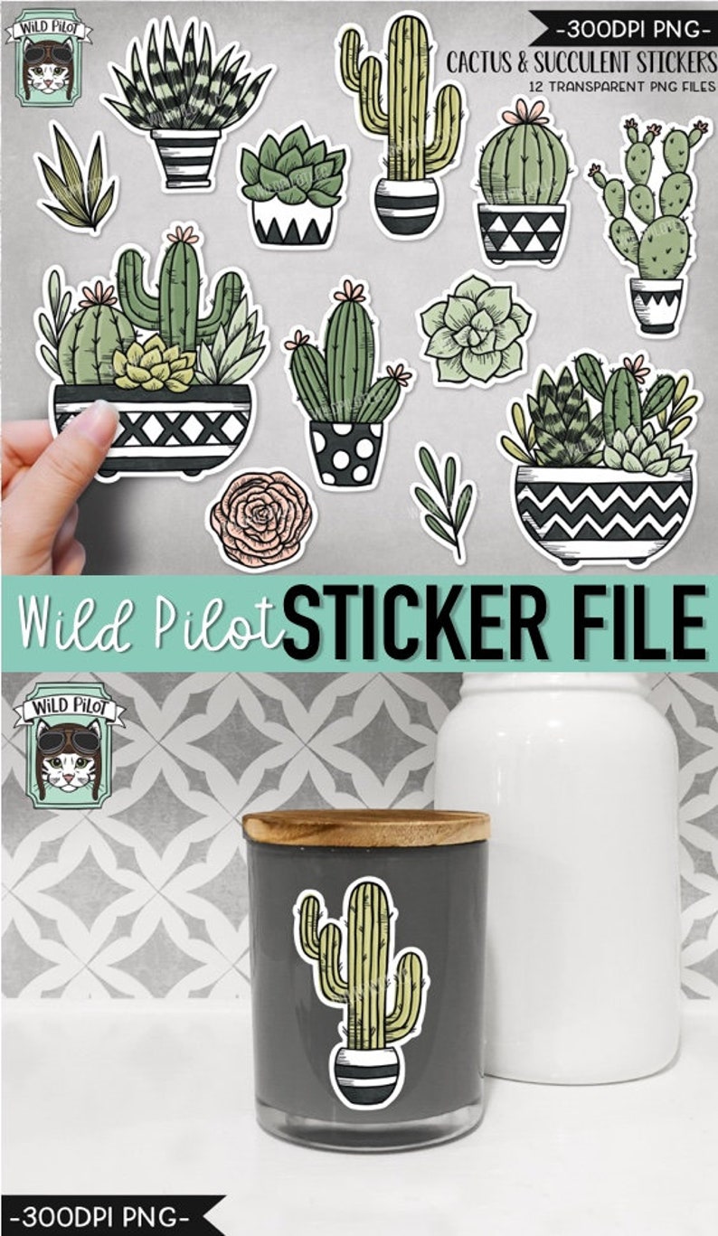 May include: A set of 12 digital stickers featuring various cacti and succulents in black and white pots with geometric patterns. The stickers are in a cartoon style and are perfect for adding a touch of greenery to your digital projects.