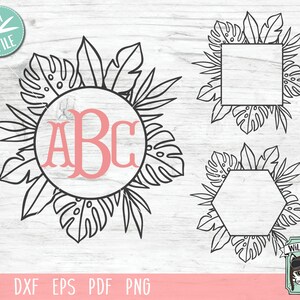 May include: A black and white digital design featuring three tropical leaf frames. One frame is a circle with the letters "ABC" inside. The other two frames are a square and a hexagon.
