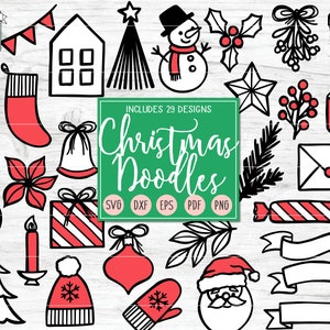 May include: A set of 29 black and white Christmas doodle illustrations, including a snowman, a Christmas tree, a bell, a candy cane, a stocking, a gift, a house, a star, a wreath, a mitten, a candle, a holly sprig, a present, a ribbon, a Santa Claus, a gingerbread man, a snowflake, a poinsettia, a cup of coffee, a cup of hot chocolate, a letter, a sprig of pine, and a banner. The illustrations are on a white background with the text "Includes 29 Designs Christmas Doodles SVG DXF EPS PDF PNG".