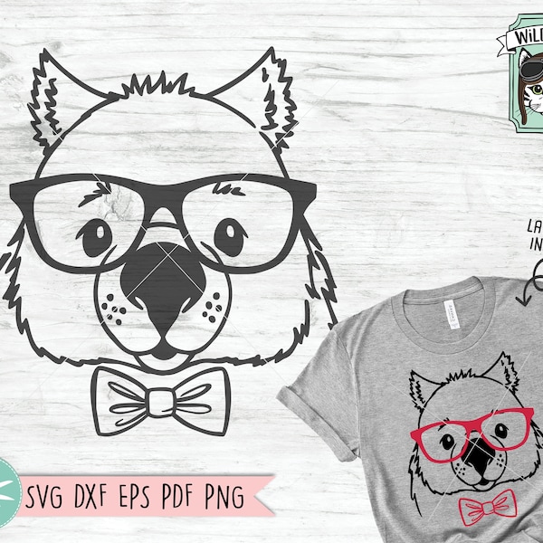 Wombat svg file, Wombat with Glasses Bowtie svg, Wombat cut file, Animal Face, Cute Boy Wombat svg, Australian Animals svg file, Eyeglasses