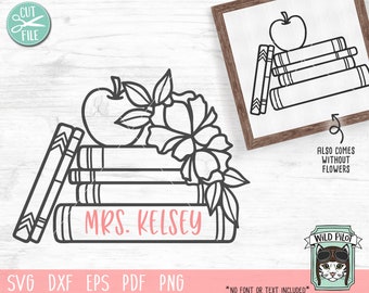 Teacher Monogram SVG, Teacher Sign svg file, Teacher svg, Teacher Cut file, Books svg file, Flower Books svg, Floral Books, Books Apple