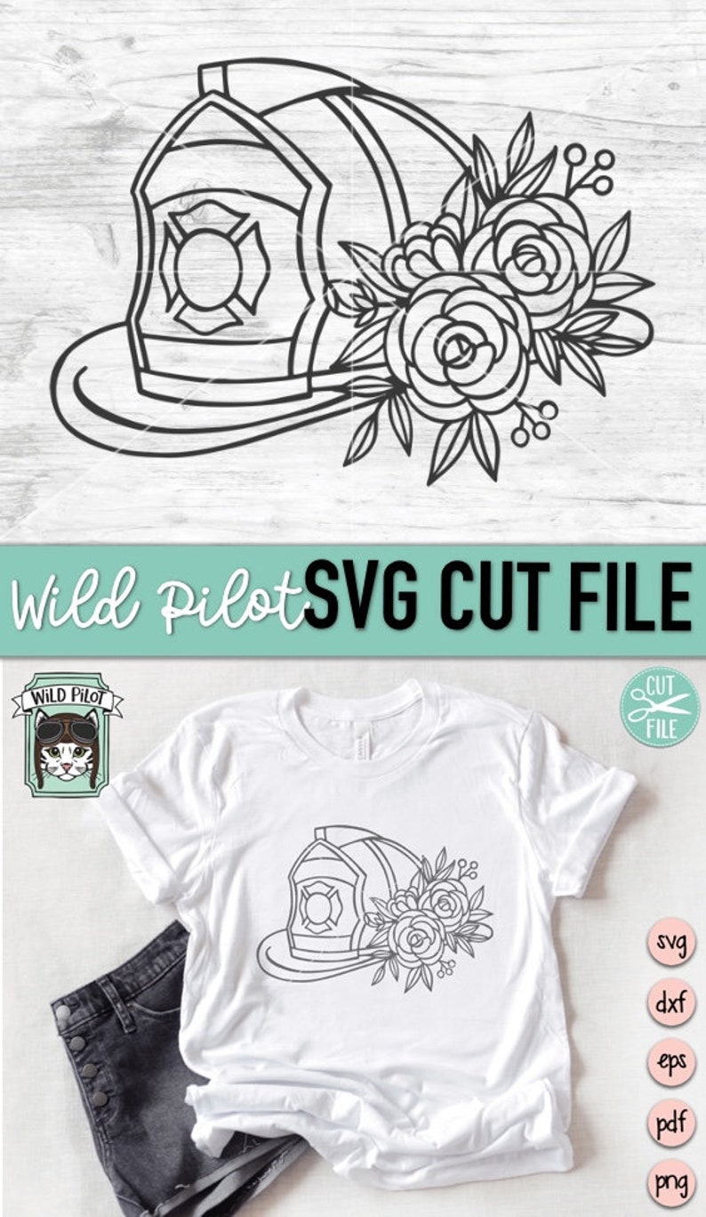 May include: A black and white line art design of a firefighter's helmet with flowers. The design is on a white t-shirt. The t-shirt is on a wooden surface.