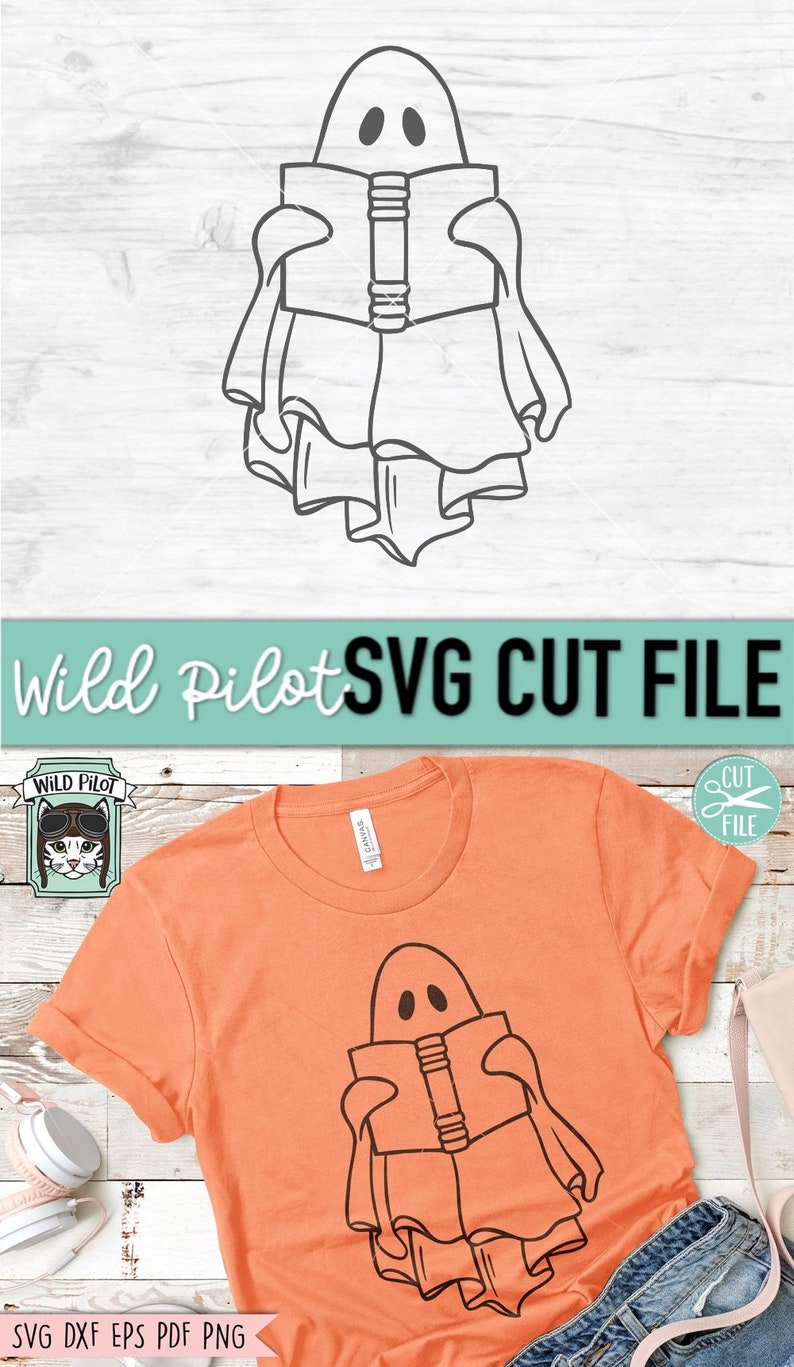 May include: A black and white line art illustration of a ghost reading a book. The ghost is wearing a sheet and has two eyes. The image is on a light orange t-shirt.