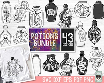 Pacchetto file SVG Pozioni, Pacchetto svg mistico, File di taglio Apothecary, Bottiglia di pozione, Veleno, Stregoneria, Pozione d'amore, Profumo, Teschio, Serpente, Magia