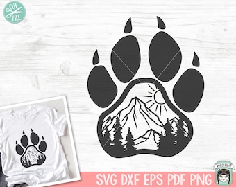 Paw Print SVG, Mountain Scene SVG, Adventure SVG, Forest Trees svg, Camping svg, Hiking svg, Outdoors svg, Explorer svg, Paw Print Clipart