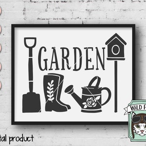 Garden SVG File, Gardening SVG, Garden Tools, garden sign, clip art, cut file, stencil, Shovel, Rain Boots, Watering Can, Birdhouse image 2