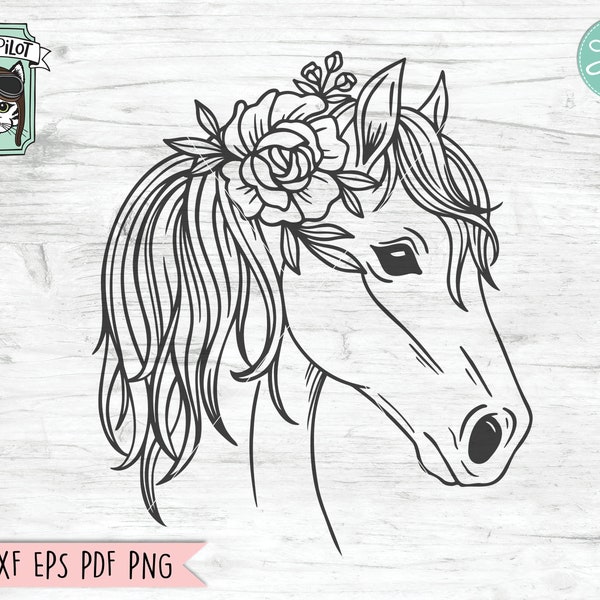 Horse SVG file, Horse with Flower Crown SVG, Horse cut file, Animal Face, Floral Crown, Horse with Flowers on Head, Cute Horse Face svg,