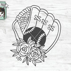 以下が含まれることがあります： 野球グローブと野球ボール、そして花柄のアクセントが描かれた白黒のイラスト。グローブにはステッチのディテールと、葉と花がついた花柄のデザインが施されています。