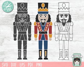 May include: Three variations of a nutcracker silhouette design. The nutcracker is wearing a crown, a hat, and a beard. The nutcracker is holding a stick in its right hand. The nutcracker is standing on a white background.