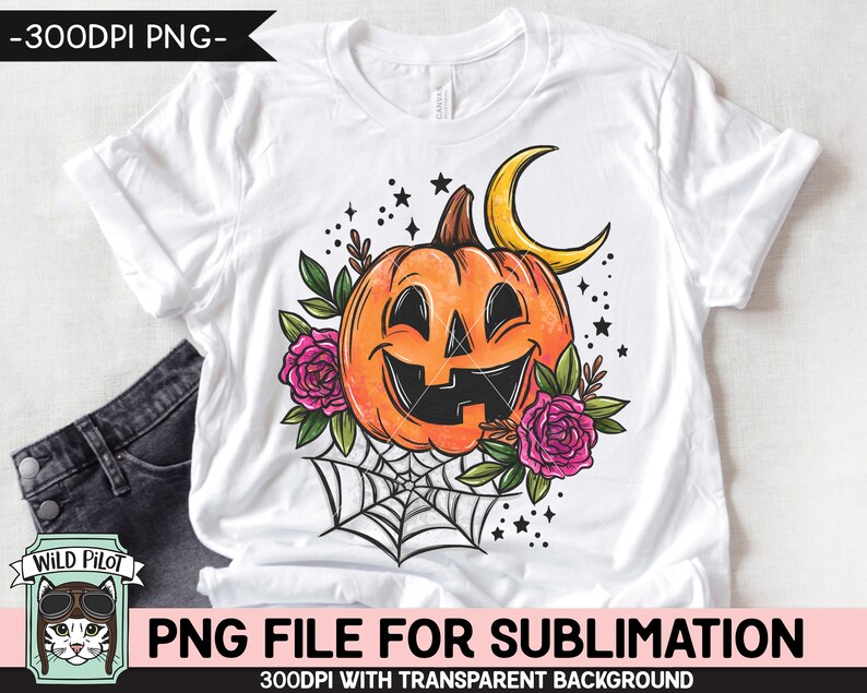 May include: A white t-shirt with a sublimation design of a smiling jack-o'-lantern with a crescent moon, spiderweb, and flowers.  The design is in orange, black, and pink.