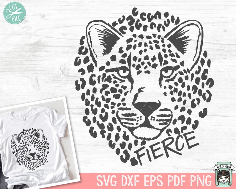 May include: Black and white illustration of a leopard's face with a spotted pattern. The word "FIERCE" is written below the face.