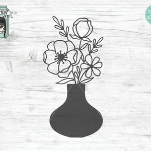 May include: A black and white line drawing of a bouquet of flowers in a vase. The flowers are stylized and have a simple design. The vase is a simple, rounded shape.