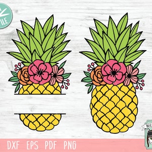 Puede incluir: Una piña con un diseño floral y un espacio en blanco para un nombre. La piña es amarilla con hojas verdes y flores rosas. El diseño es perfecto para un monograma o un regalo personalizado.