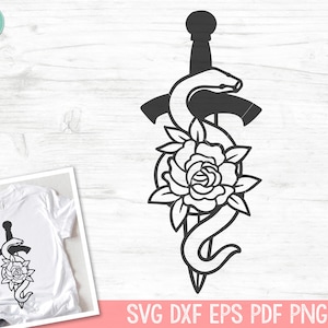 Sword SVG, Flower Snake SVG, Snake Cut File, Sword Clipart, Floral Snake svg, Tattoo svg, Animal svg, Reptile svg, Tattoo Clipart