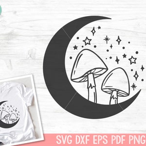 Moon SVG Cut File, Mushroom SVG Cut File, Mystical svg, Celestial SVG, Moon png, Mushroom Clipart, Mystical Clipart, Crescent Moon svg