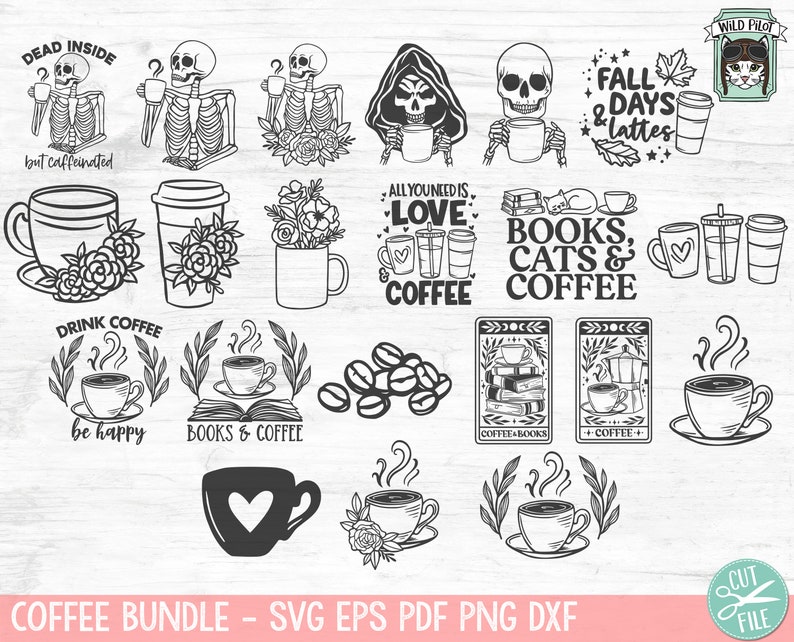 May include: A digital download bundle of 15 black and white coffee-themed SVG, EPS, PDF, PNG, and DXF files. The designs include coffee cups, coffee beans, skeletons, cats, books, and text such as "Drink Coffee Be Happy", "All You Need Is Love & Coffee", and "Fall Days & Lattes".