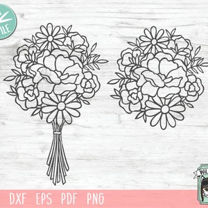 Pode incluir: Dois desenhos em preto e branco de buqu&ecirc;s de flores. O buqu&ecirc; &agrave; esquerda tem um caule e est&aacute; amarrado. O buqu&ecirc; &agrave; direita &eacute; um &uacute;nico grupo de flores.