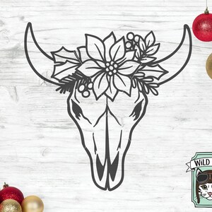 Christmas Cow Skull SVG file, Cow Skull Poinsettia svg file, Cow Skull Floral svg, Cow Skull Flowers cut file, Southwest, Boho, Hunting