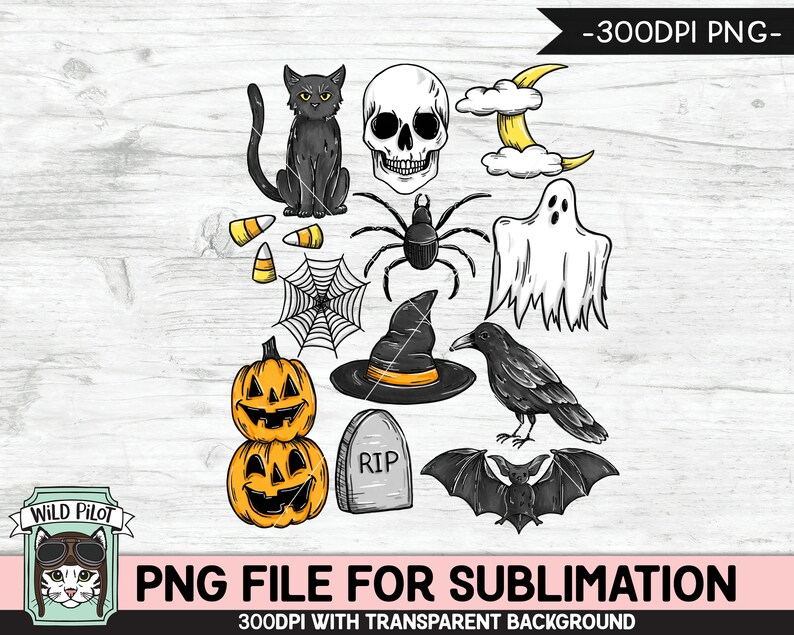 Halloween Doodles SUBLIMATION design PNG, Halloween png file sublimation design, Fall, Autumn, Pumpkin, Skull, Cat, Bat, Ghost, Spider, Crow image 2