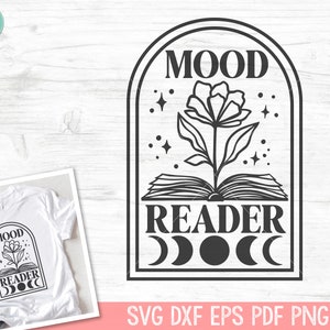 Könnte beinhalten: Schwarzweißes Grafikdesign mit einem Buch, aus dem eine Blume wächst, mit dem Text "MOOD READER" und drei Monden.
