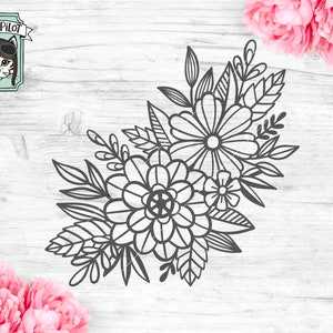 Puede incluir: Ilustraci&oacute;n en blanco y negro de l&iacute;nea de arte de un ramo de flores con m&uacute;ltiples flores y hojas. El ramo est&aacute; dispuesto en forma de esquina.