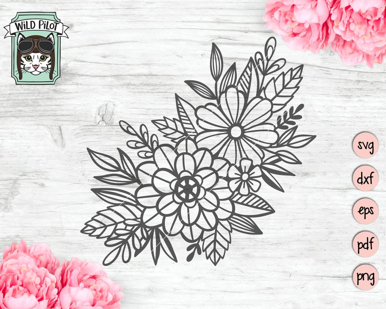 Puede incluir: Ilustraci&oacute;n en blanco y negro de l&iacute;nea de arte de un ramo de flores con m&uacute;ltiples flores y hojas. El ramo est&aacute; dispuesto en forma de esquina.