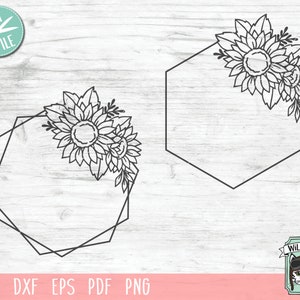 May include: Two geometric frames with sunflower floral arrangements. The frames are black and have a geometric shape. The sunflowers are stylized and have a simple design.