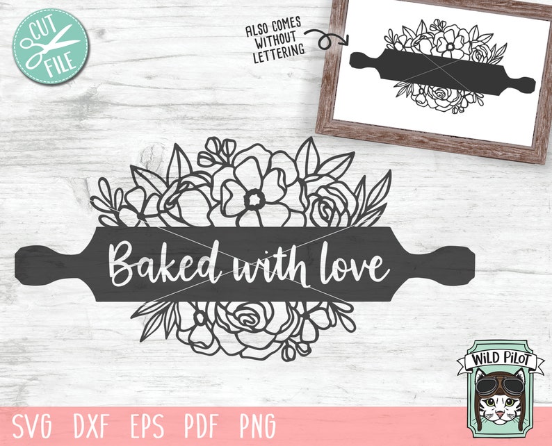 May include: Black and white line art design of a rolling pin with floral accents and the text "Baked with love".