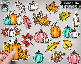 Archivos de pegatinas de otoño IMPRIMIBLES archivo PNG, ilustraciones de hojas de otoño de calabaza, archivo de pegatinas de planificador de otoño, acción de gracias, Halloween imprimible png