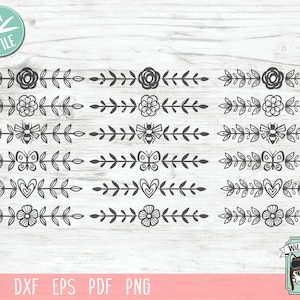 May include: A set of 10 black and white floral divider SVG cut files. Each divider features a different floral design, including flowers, butterflies, bees, and hearts. The designs are perfect for adding a touch of whimsy to your digital projects.