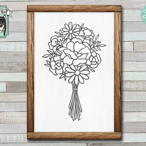Pode incluir: Um desenho a preto e branco de um ramo de flores. As flores est&atilde;o amarradas com uma fita e t&ecirc;m um design simples e minimalista.