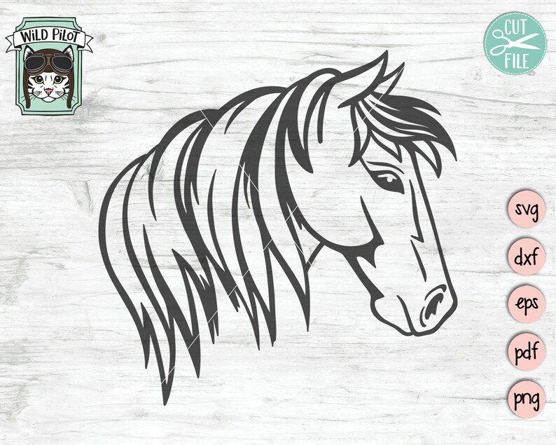May include: A black and white line drawing of a horse's head with its mane flowing in the wind. The horse is looking to the left of the image.