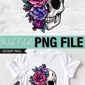 Puede incluir: Un cr&aacute;neo blanco con un dise&ntilde;o floral rosa, morado y azul. El cr&aacute;neo est&aacute; mirando hacia la derecha y las flores cubren el lado izquierdo del cr&aacute;neo. La imagen tiene un fondo transparente.
