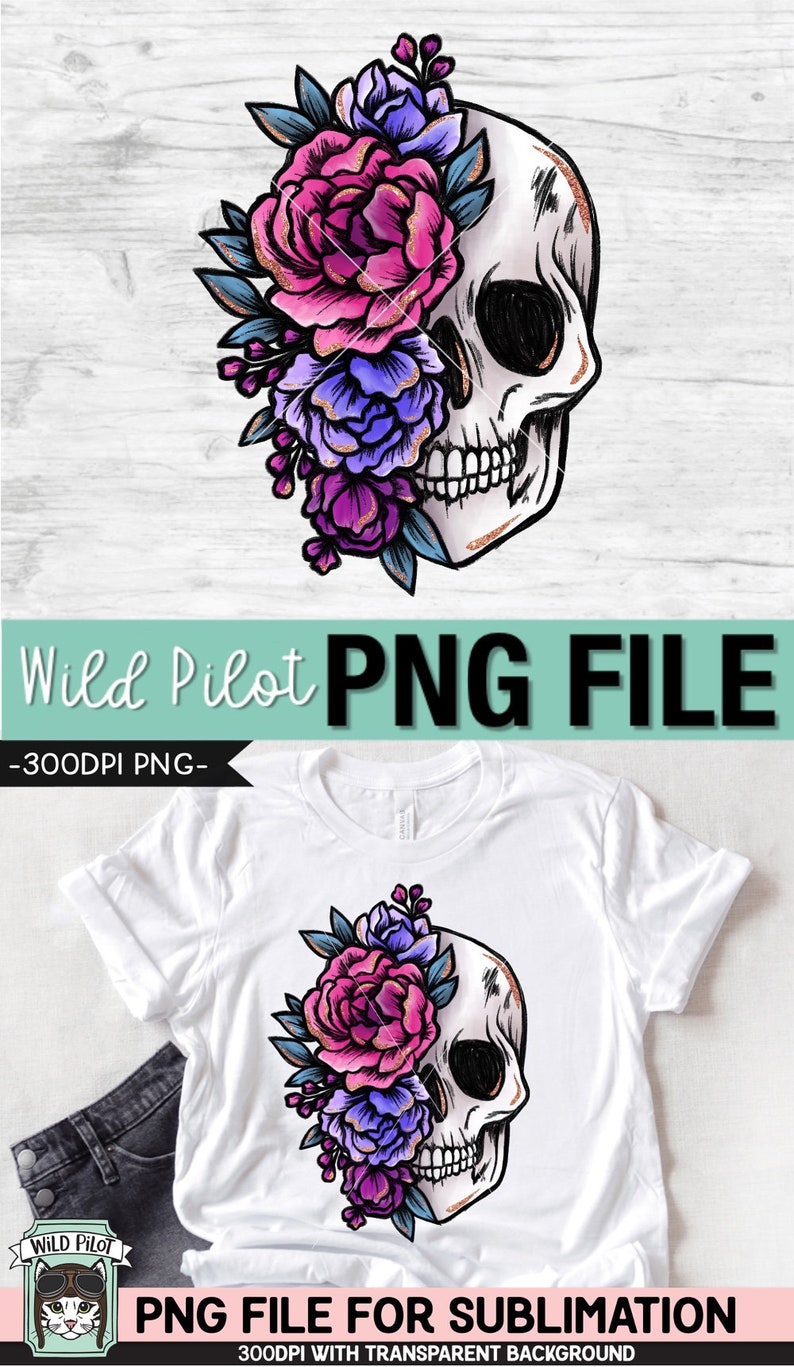 Puede incluir: Un cr&aacute;neo blanco con un dise&ntilde;o floral rosa, morado y azul. El cr&aacute;neo est&aacute; mirando hacia la derecha y las flores cubren el lado izquierdo del cr&aacute;neo. La imagen tiene un fondo transparente.