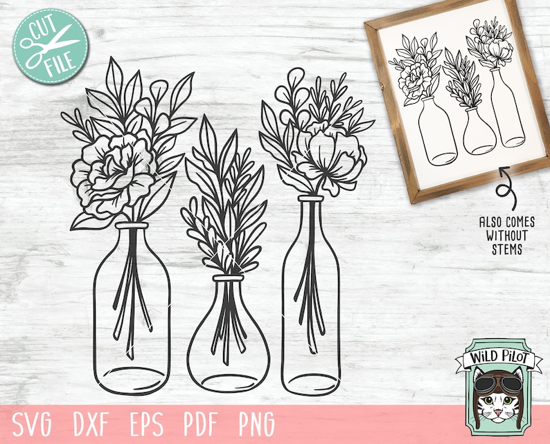 May include: Three black and white line drawings of flower bouquets in vases. The bouquets are different styles and the vases are all simple, clear glass. The text "ALSO COMES WITHOUT STEMS" is in the image. The text "WILD PILOT" is in the image with a cartoon cat wearing aviator goggles.