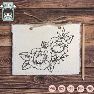 May include: Black and white line art floral design featuring a bouquet of flowers with leaves. The design is on a white canvas background.