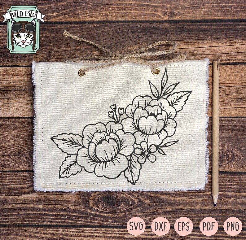 May include: Black and white line art floral design featuring a bouquet of flowers with leaves. The design is on a white canvas background.