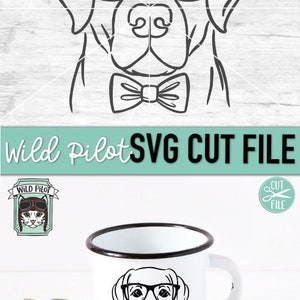 May include: Black and white line art illustration of a dog wearing glasses and a bow tie. The dog is looking directly at the viewer. The image is on a white background with a wood grain texture.