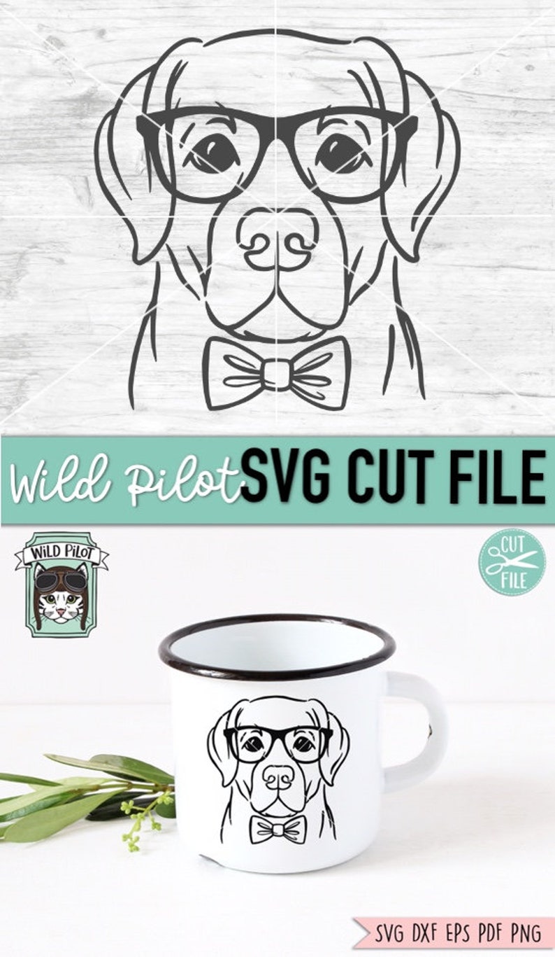 May include: Black and white line art illustration of a dog wearing glasses and a bow tie. The dog is looking directly at the viewer. The image is on a white background with a wood grain texture.