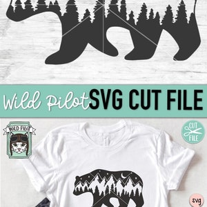 Bear SVG, Bear Silhouette SVG, Bear Mountain Scene, Forest Trees, Camping svg file, hiking, adventure, Mountain range, night sky, outdoors image 5