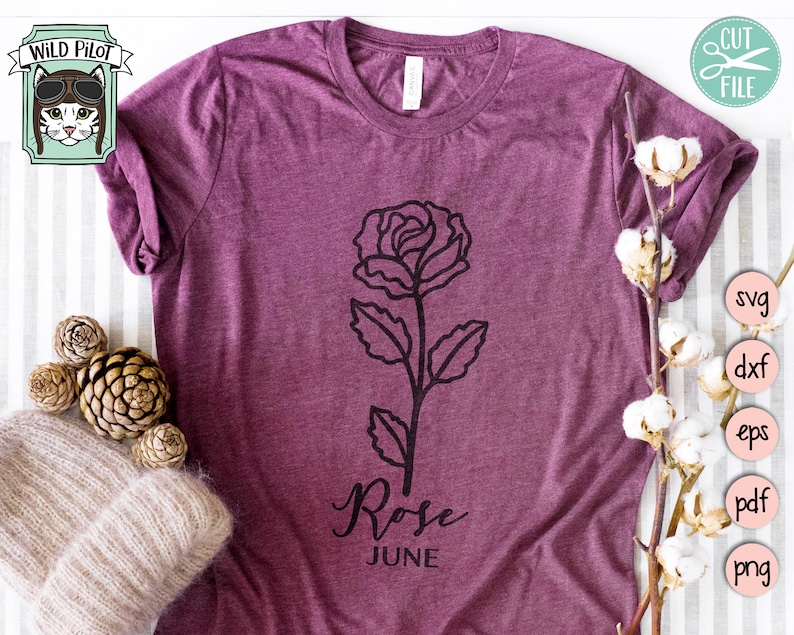 May include: A purple t-shirt with a black outline of a rose and the text "Rose June".